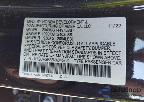 2022 Honda Accord Hybrid Sport from USA, damaged, VIN 1HGCV3F22NA045761